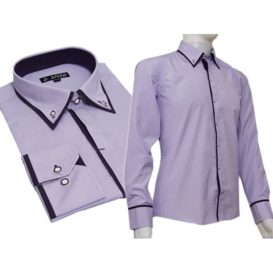Elegancka koszula SLIM FIT z krytą plisą kołnierzyk button down fiolet paski,