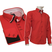 Koszula męska SLIM button down czerwona czarne wykończenia