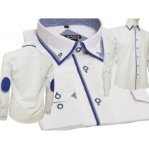 Modna koszula męska SLIM biała z niebieskimi łatami
