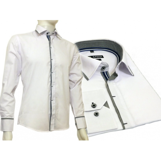 Biała koszula męska kryta plisa krój SLIM FIT kolorowe wykończenia