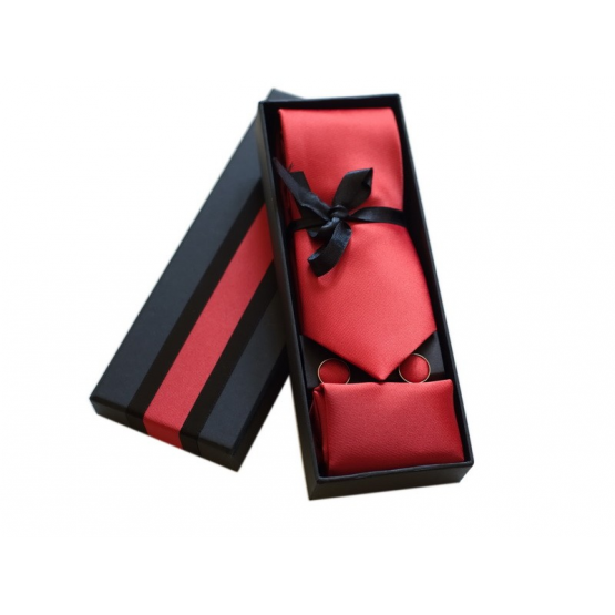 Komplet krawat poszetka i spinki jasno czerwony ostry