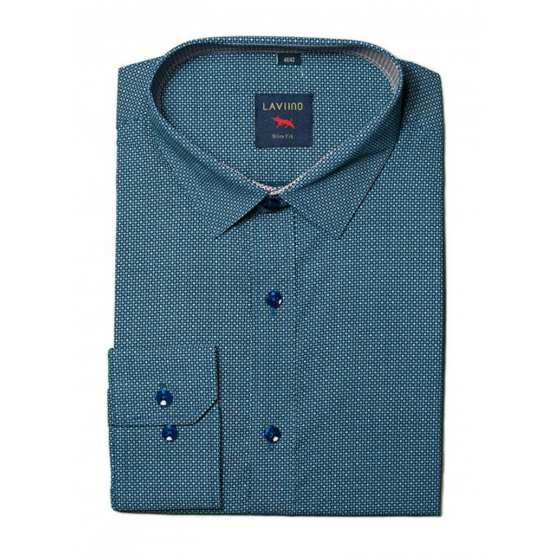 Elegancka koszula męska casual granatowa niebiesko-szary wzorek lekki SLIM
