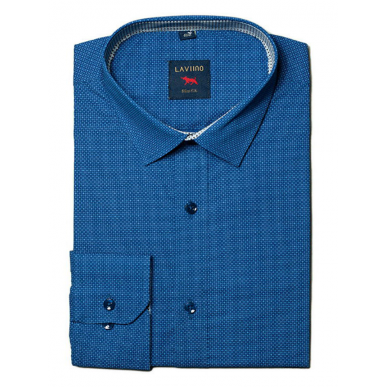 Elegancka koszula męska casual lekki slim w niebieski bardzo drobny wzorek kropki